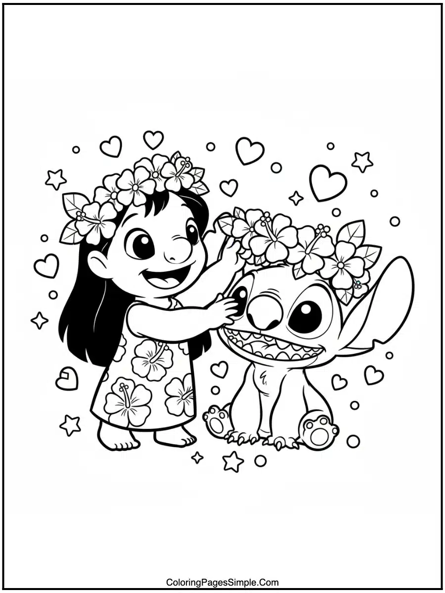 Lilo giving Stitch a flower crown coloring page