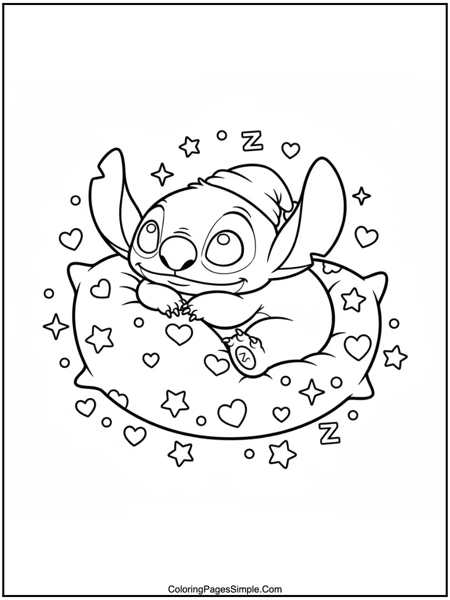 Sleepy Stitch on Pillow coloring page