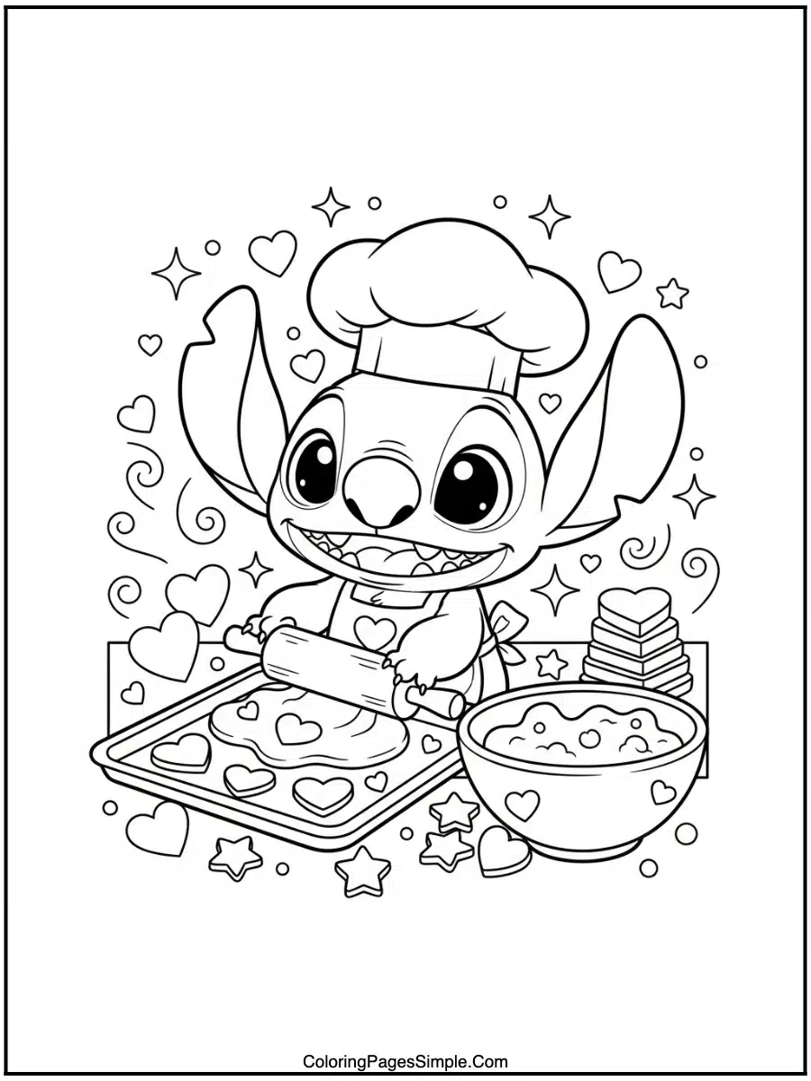 Stitch baking cookies coloring page