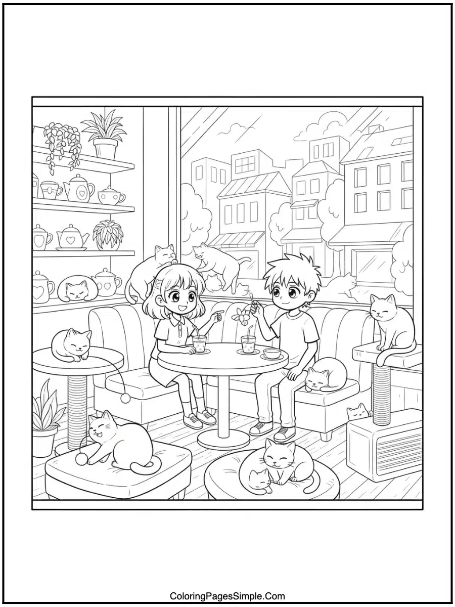 Cat Café Anime Coloring Page