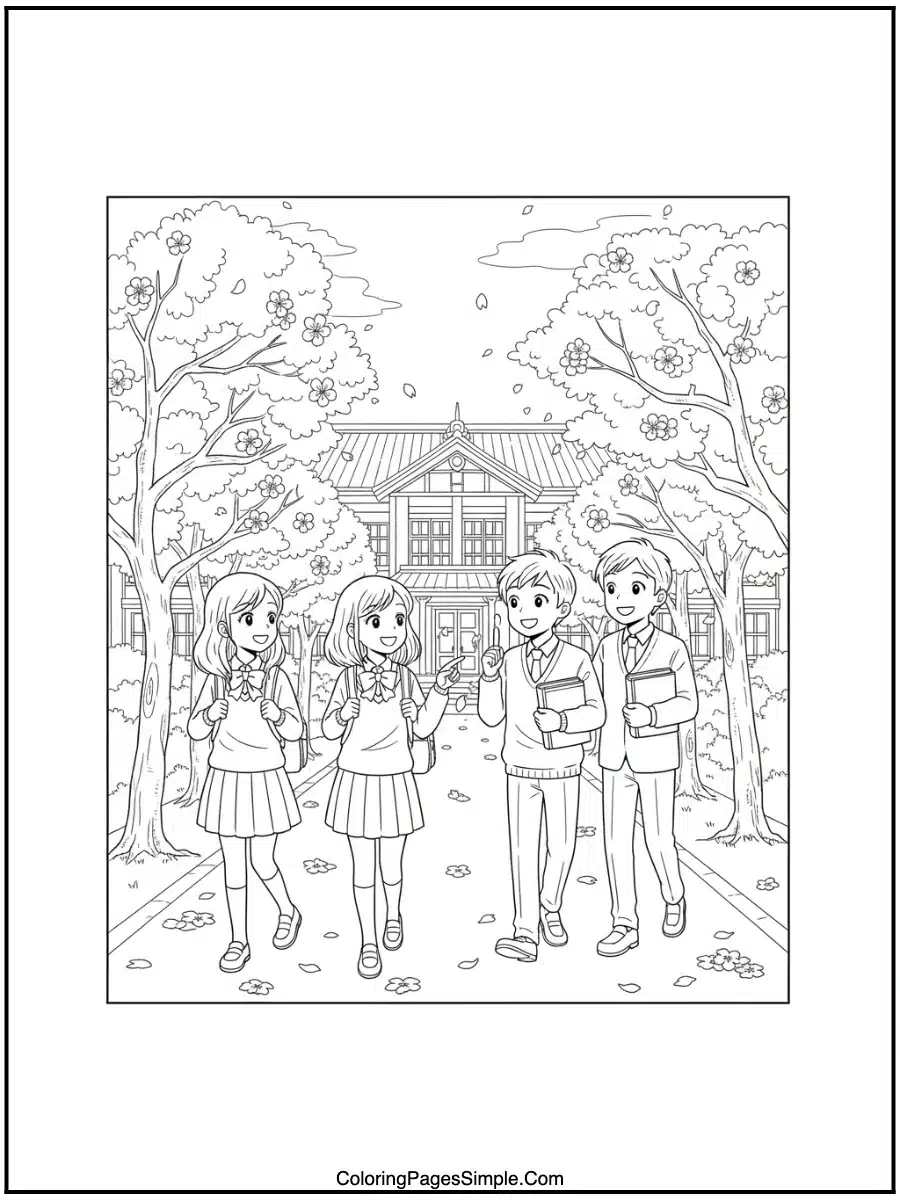 Cherry Blossom School Day Anime Coloring Page