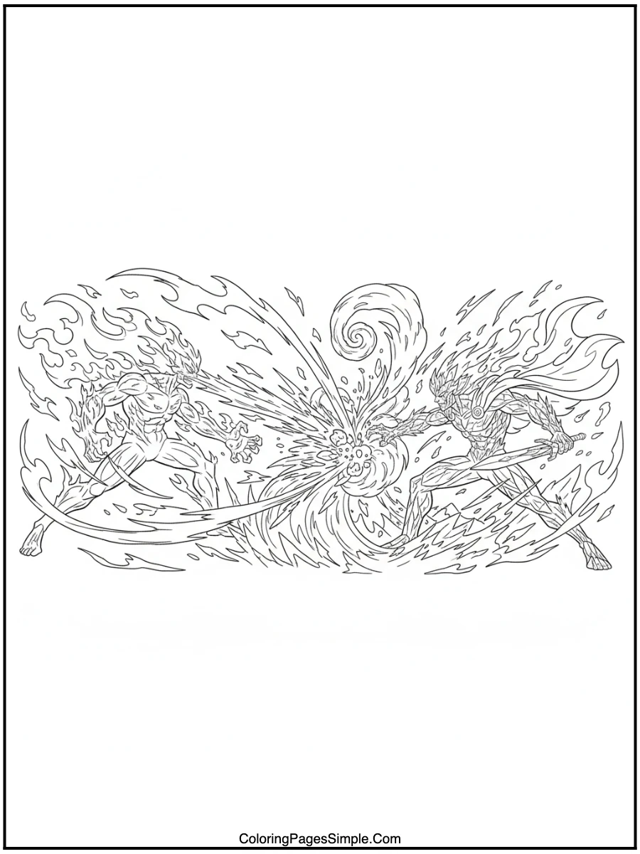 Fire and Ice Battle Anime Coloring Page