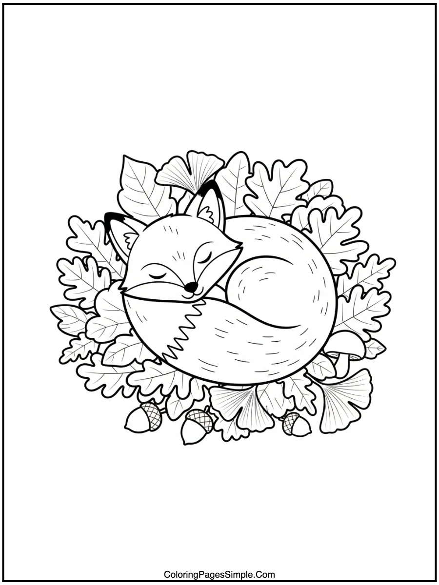 Fox Resting in Autumn Leaves Coloring Page