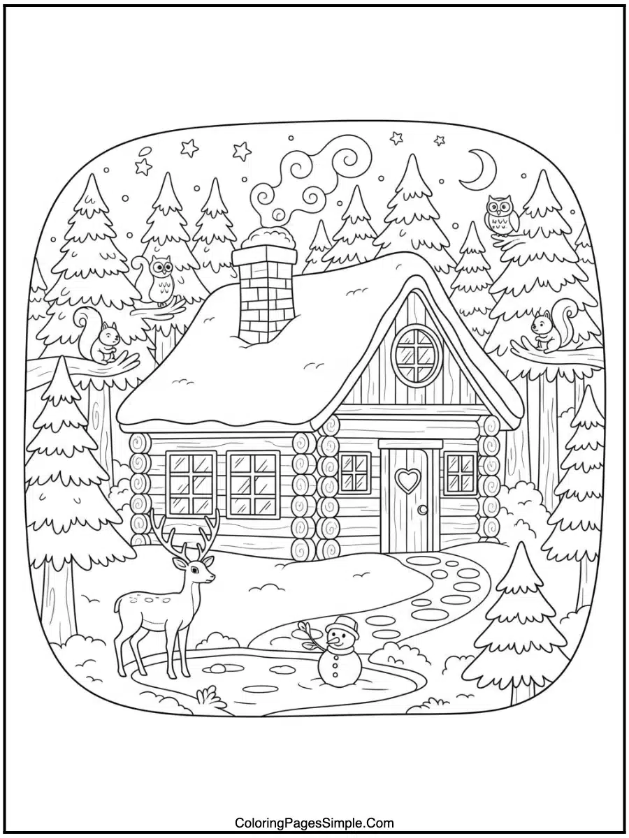 Cozy Cabin in the Woods Coloring Page