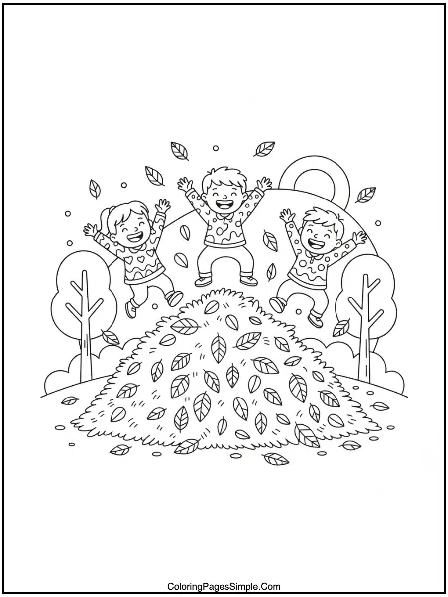 Children Jumping in Leaf Pile Coloring Page