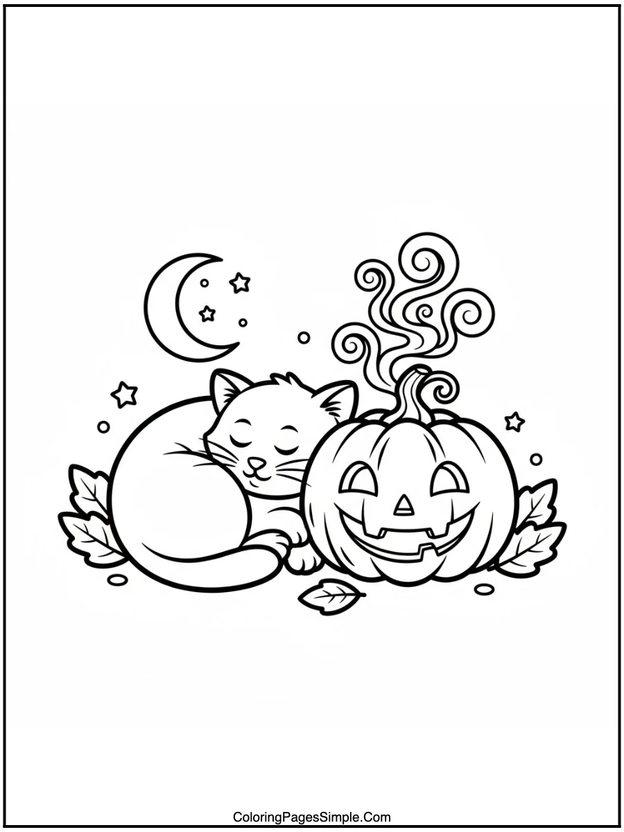 Cat Sleeping by Pumpkin Lantern Coloring Page