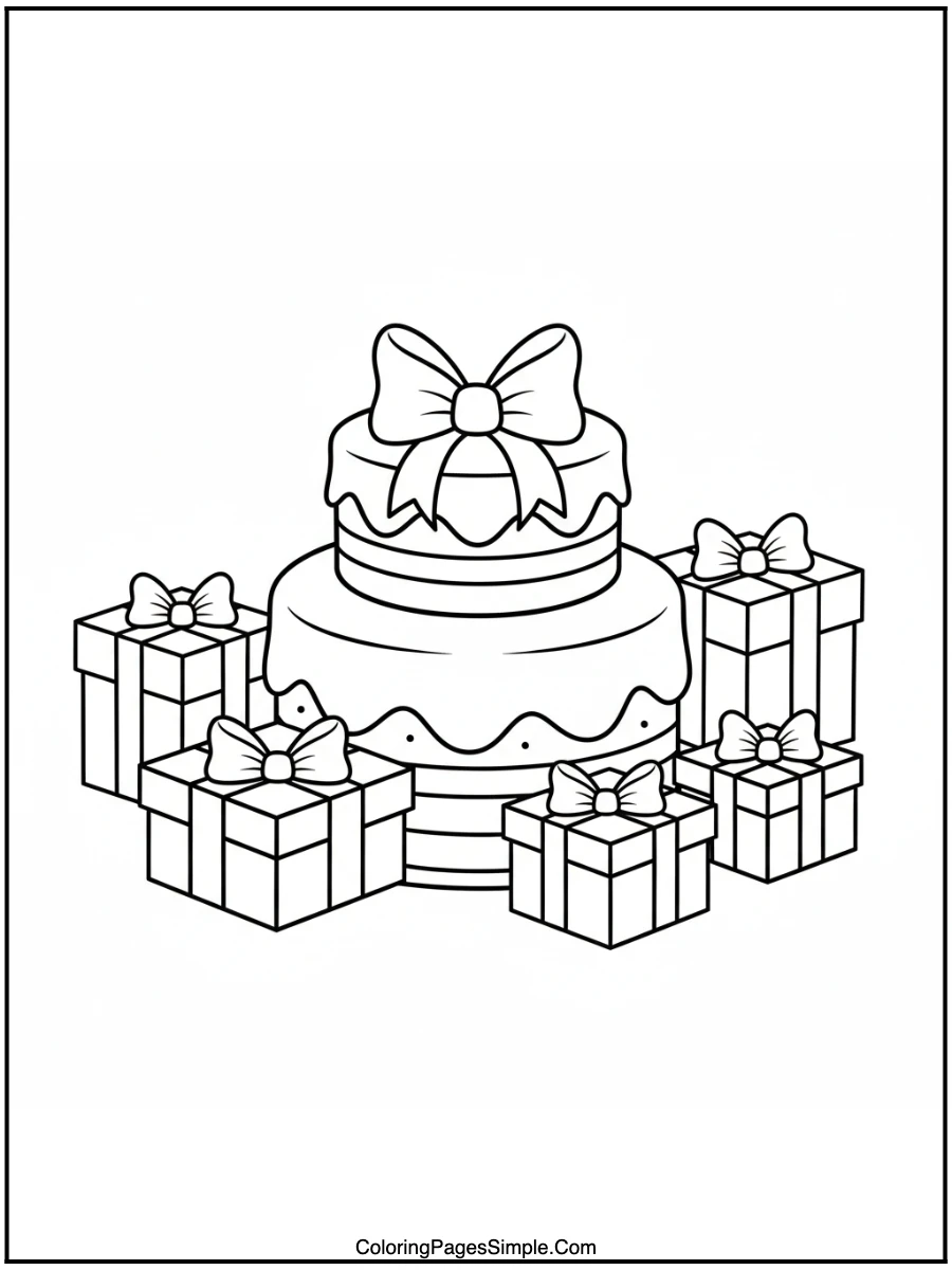 Birthday Cake with Presents and Ribbons