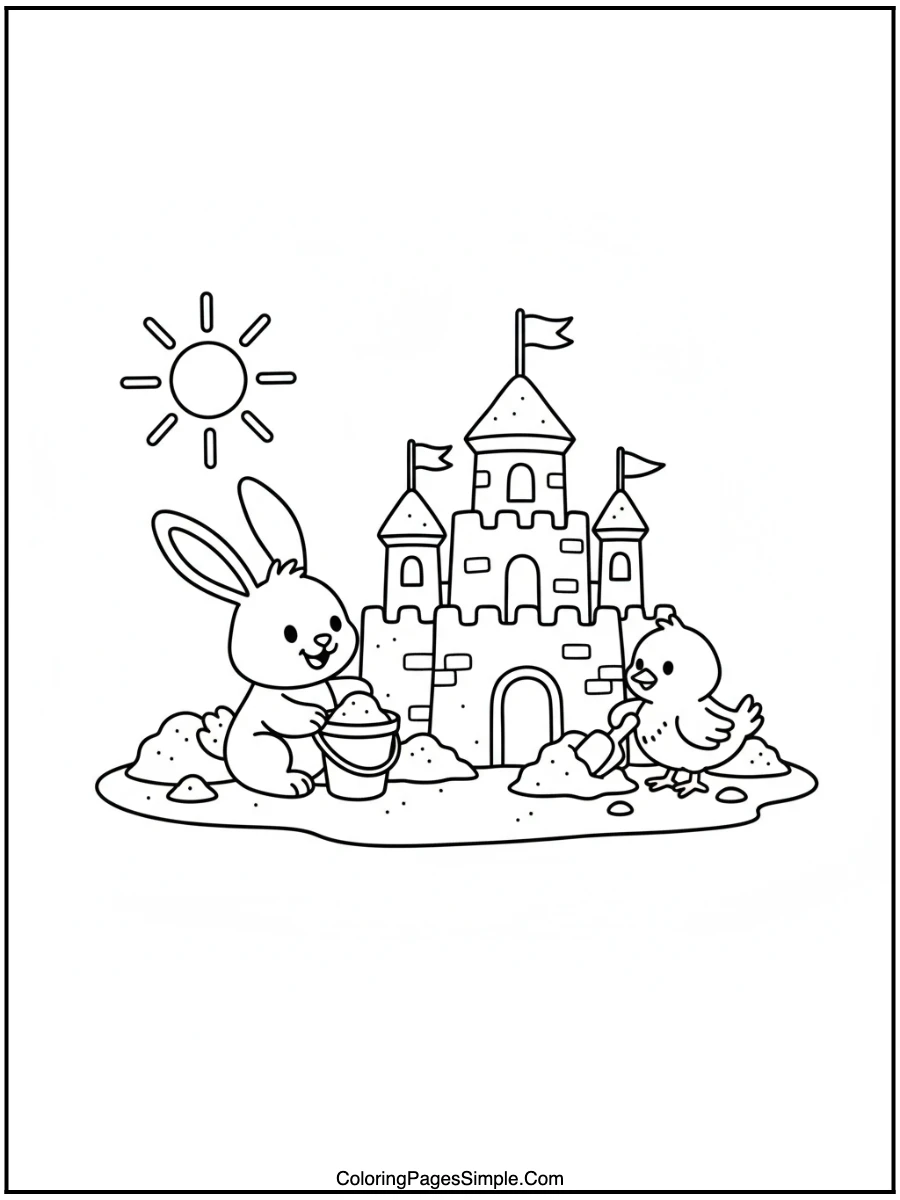 Bunny and Chick Building Sandcastle Coloring Page