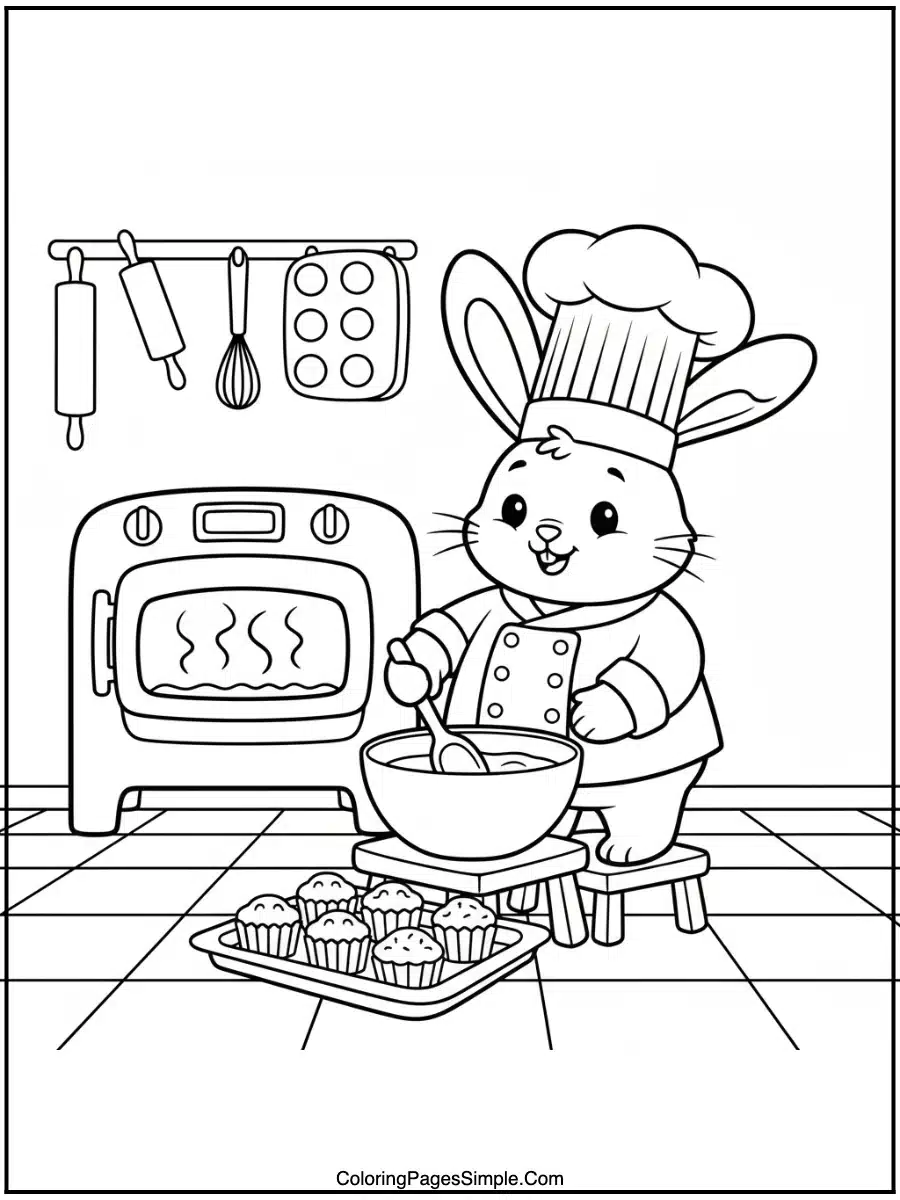 Bunny Chef Baking Cupcakes Coloring Page