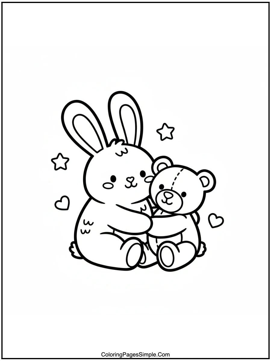 Bunny Cuddling Teddy Bear Coloring Page