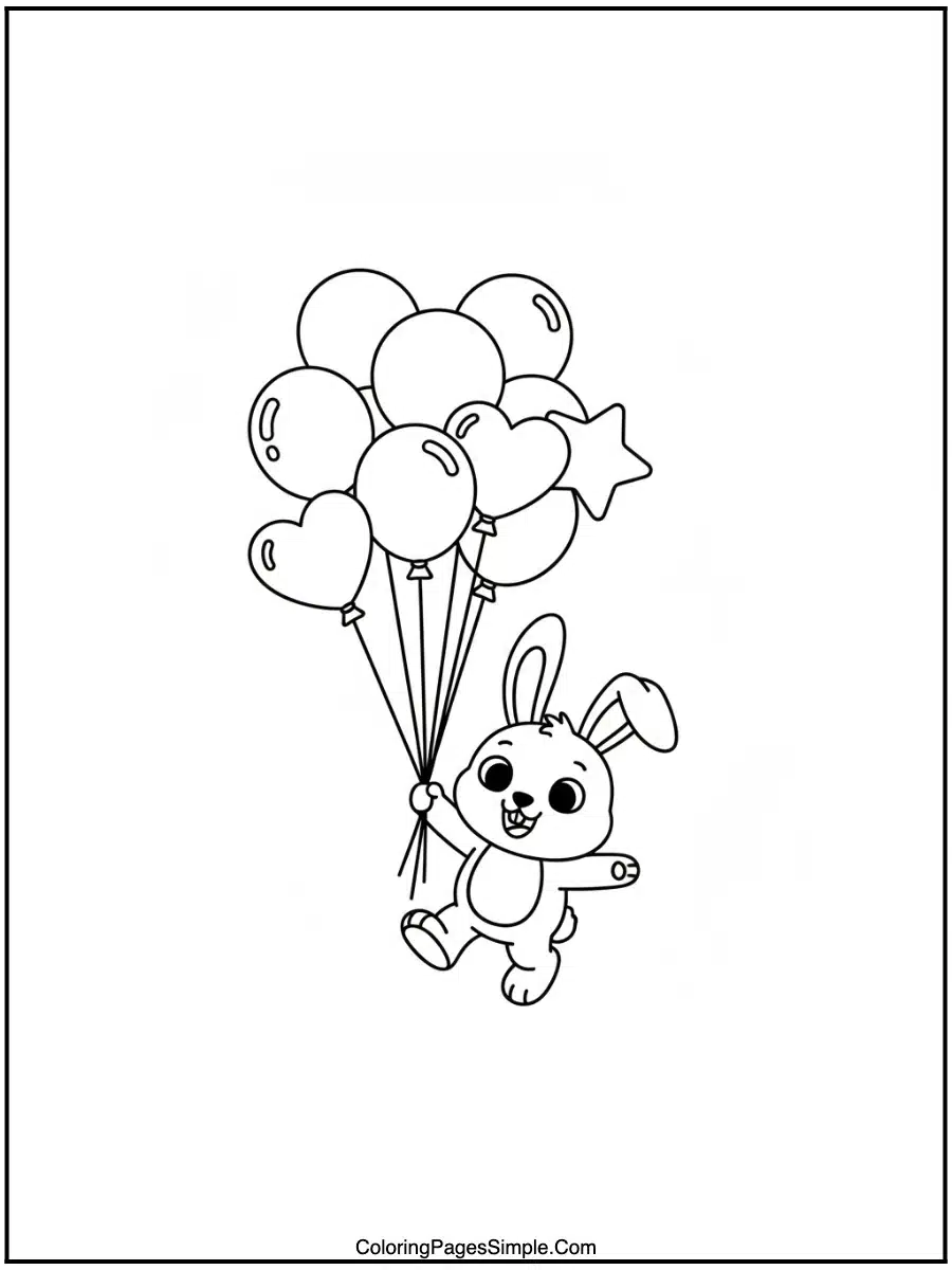 Bunny Floating with Balloons Coloring Page