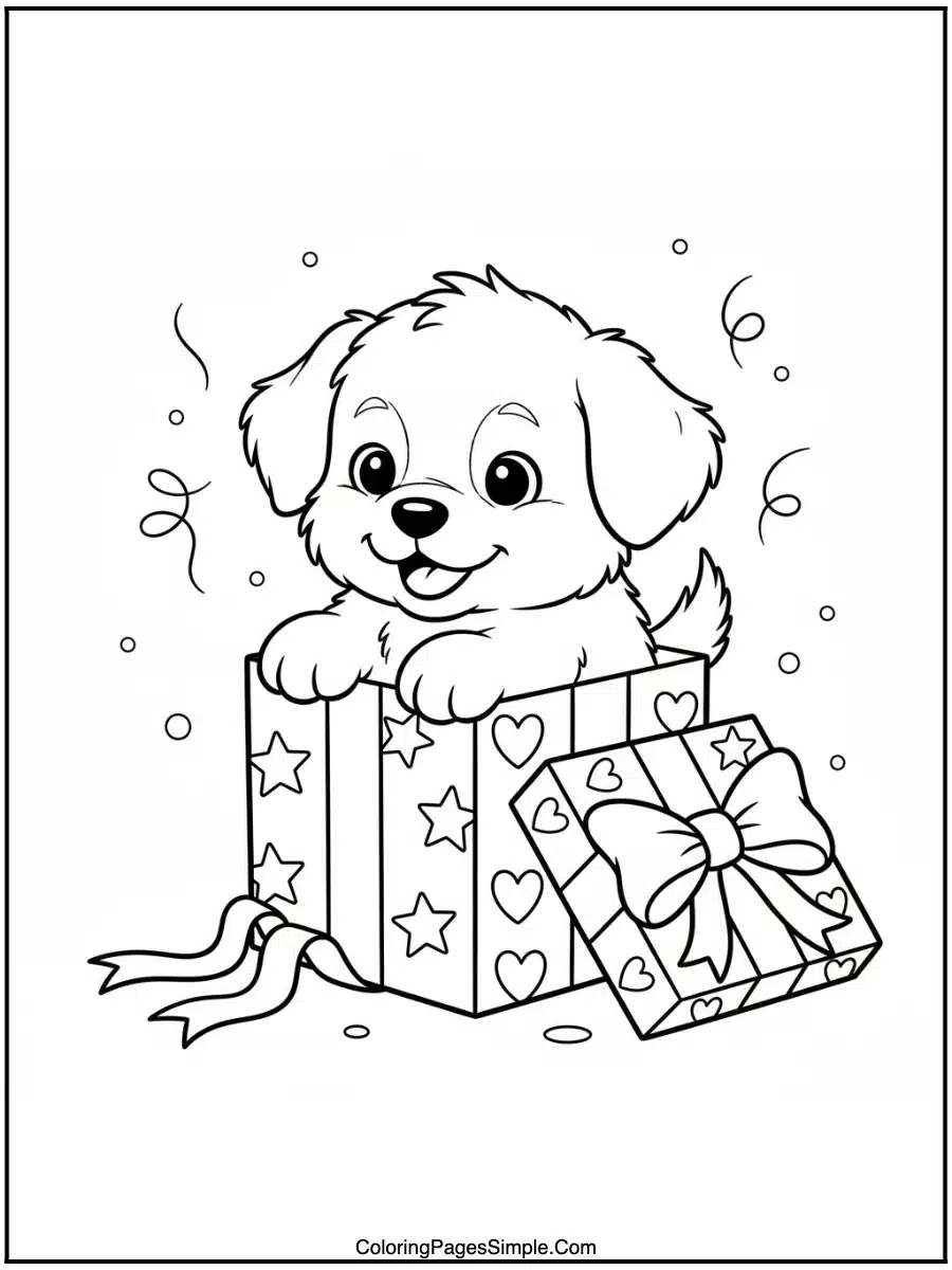 Cute Puppy in a Gift Box Coloring Pages