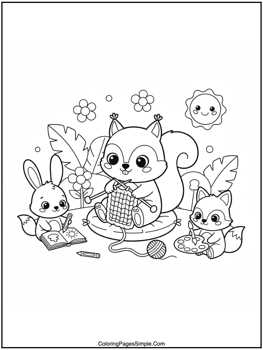 Squirrel Knitting with Friends Coloring Page