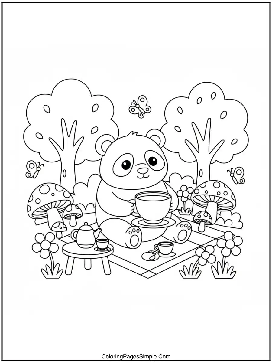 Panda’s Forest Tea Party Coloring Page