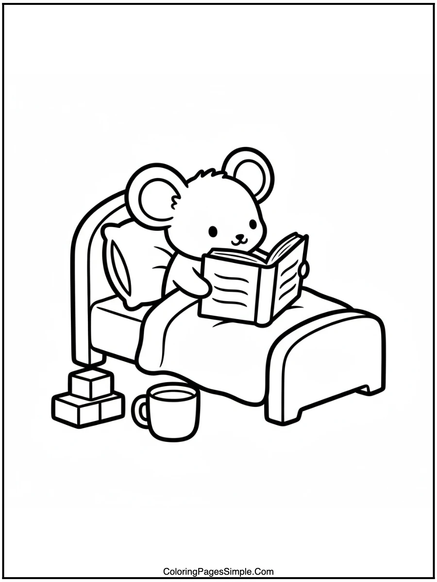 Mouse Reading in Bed Coloring Page