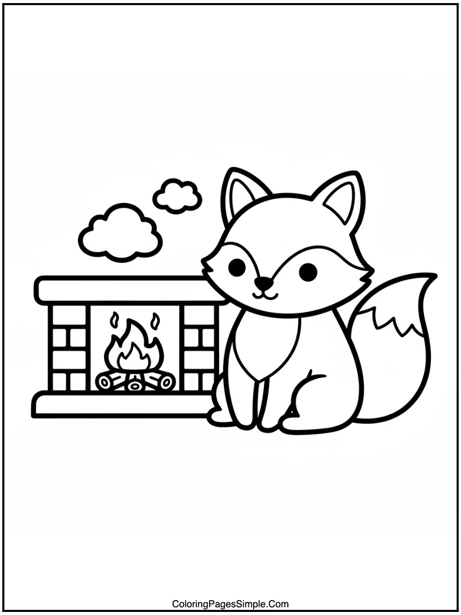 Fox by the Warm Fireplace Coloring Page