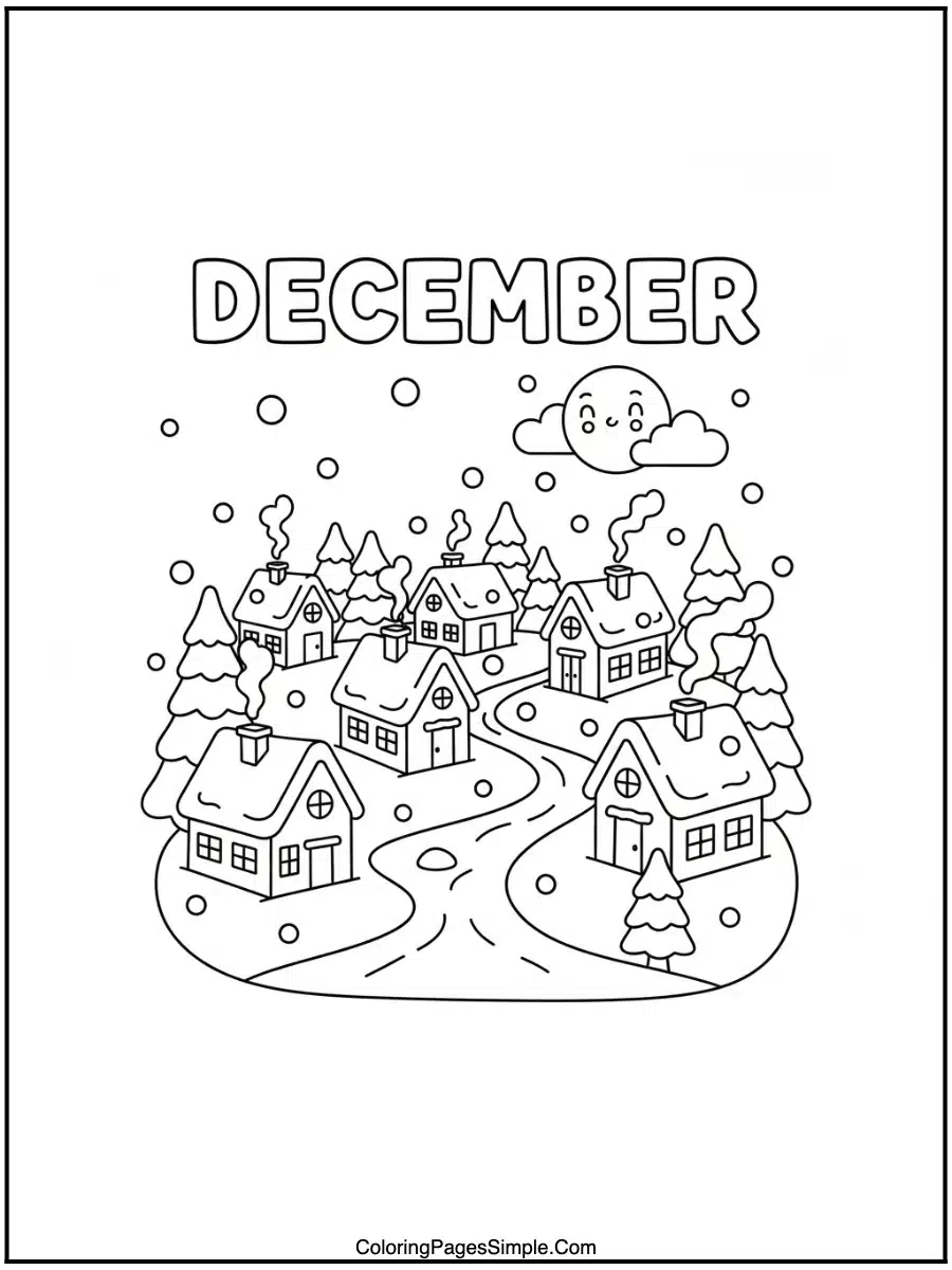 Snowy Village in December Coloring Pages