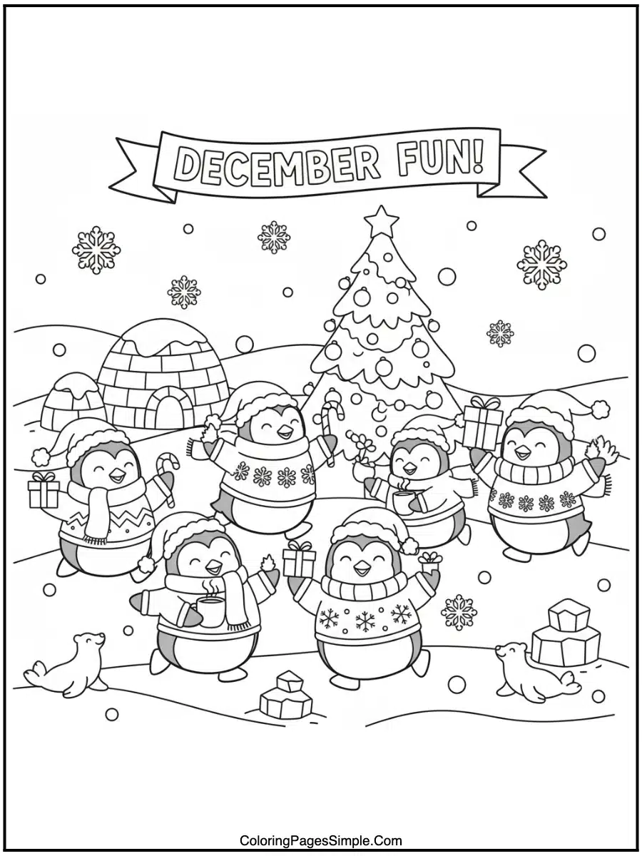 Cute December Penguin Party Coloring Pages