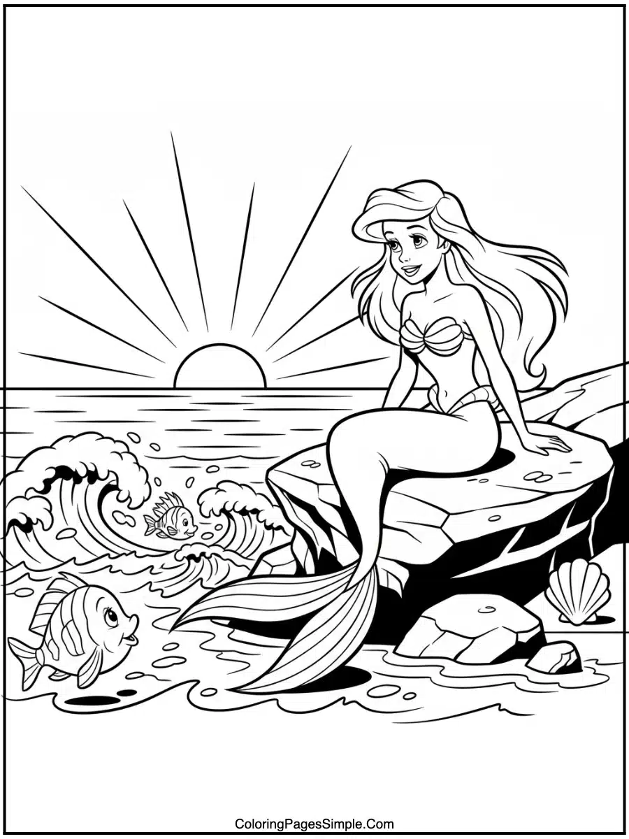 Ariel by the ocean cartoon line art