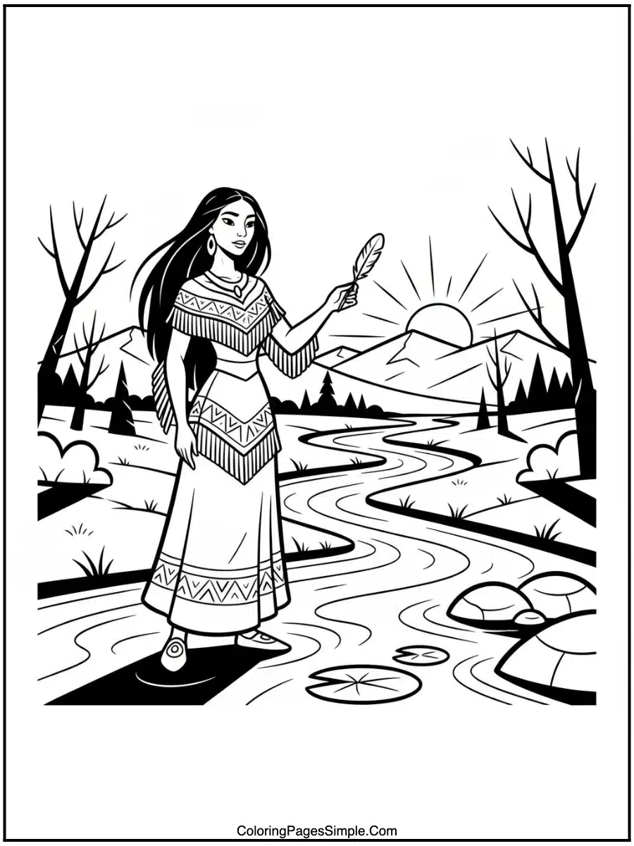Pocahontas by the river cartoon line art