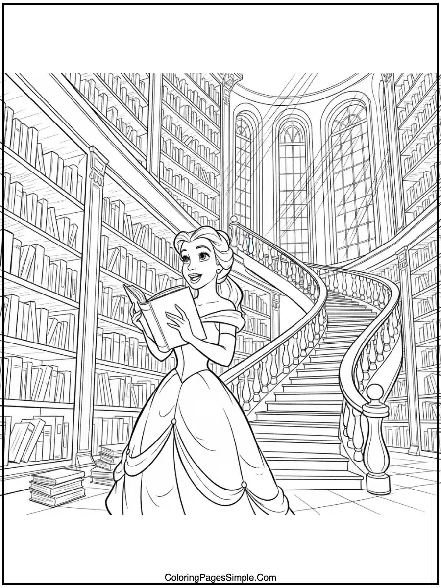 Belle in library cartoon line art