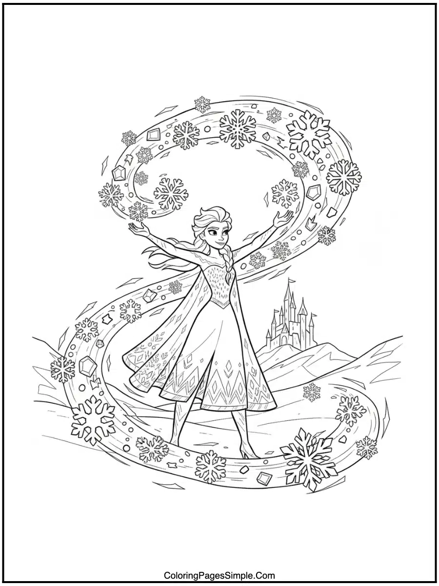 Elsa creating snowflakes cartoon line art
