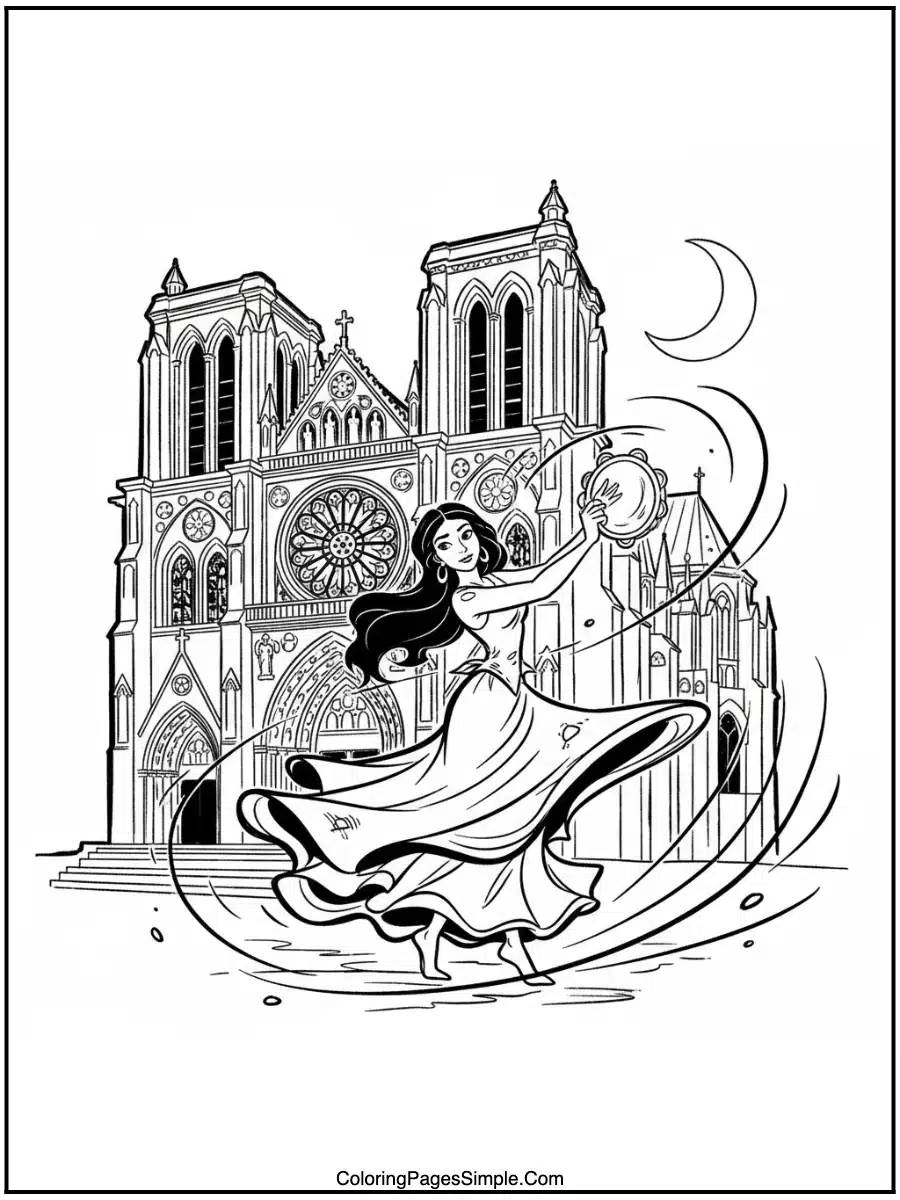 Esmeralda dancing by cathedral cartoon line art