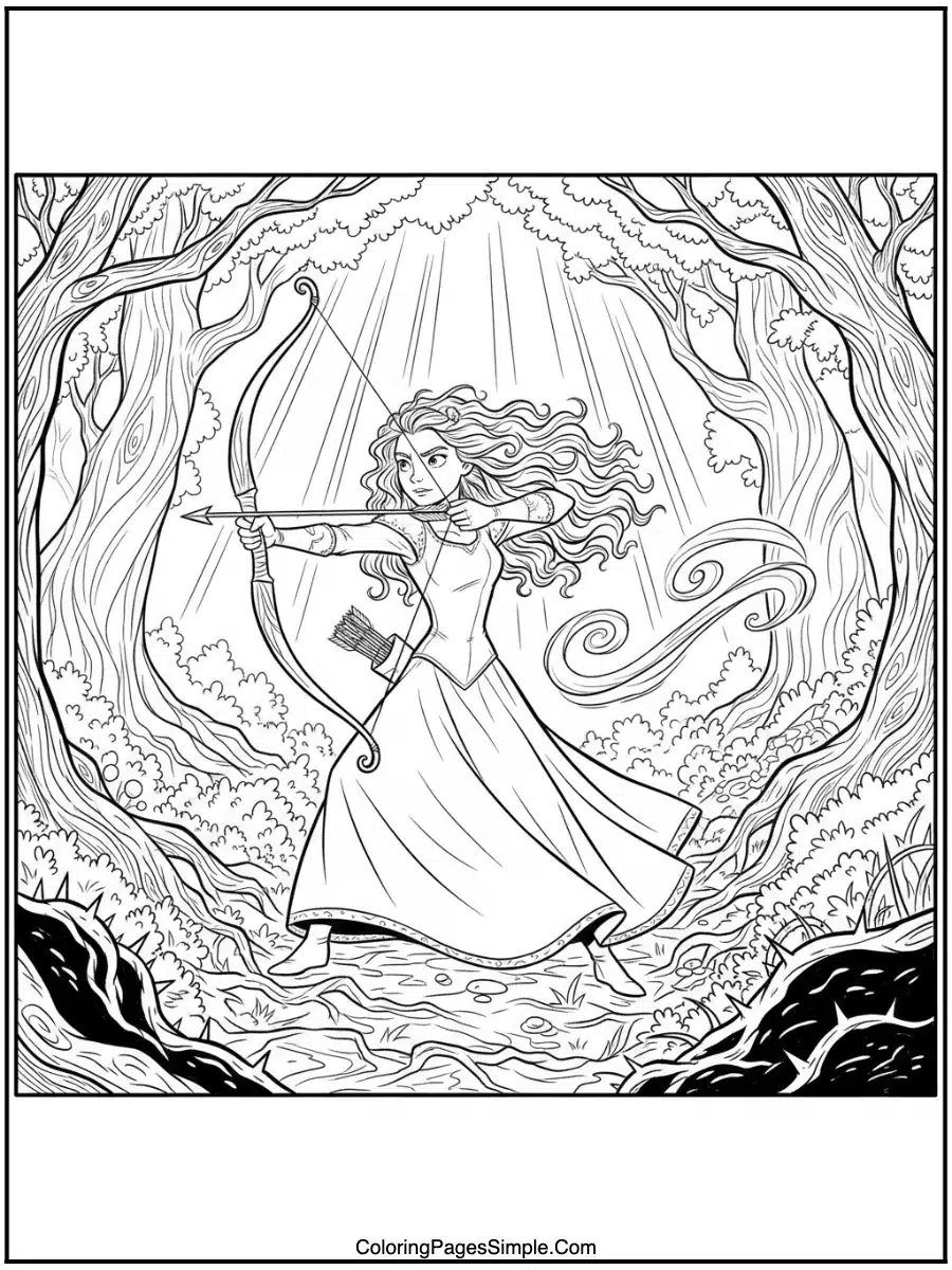 Merida with bow in forest cartoon line art