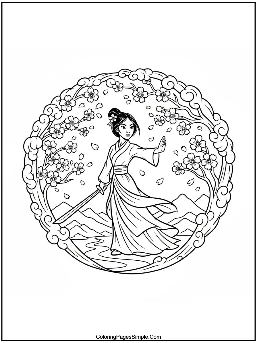 Mulan with cherry blossoms cartoon line art