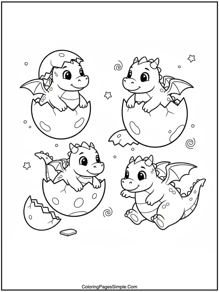 Baby dragons hatching line art coloring page