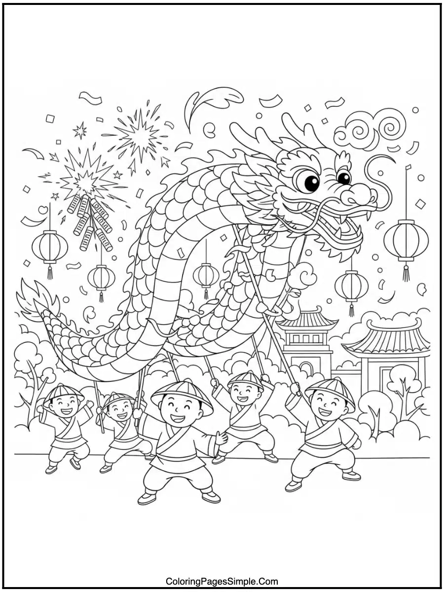 Chinese New Year dragon parade line art coloring page