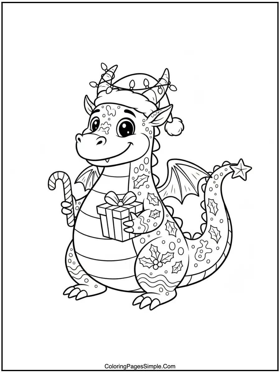 Christmas dragon line art coloring page