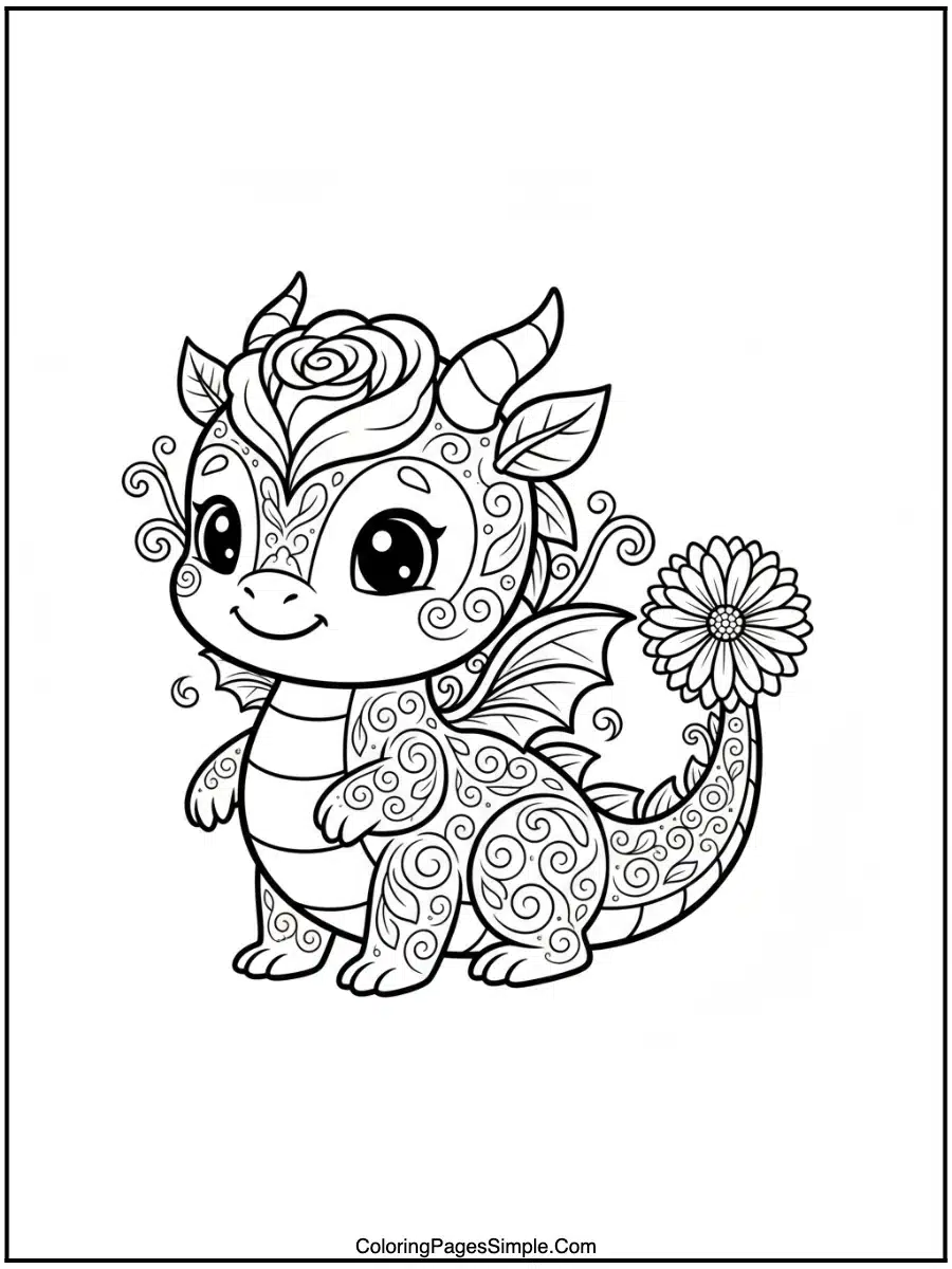 Cute flower dragon line art coloring page
