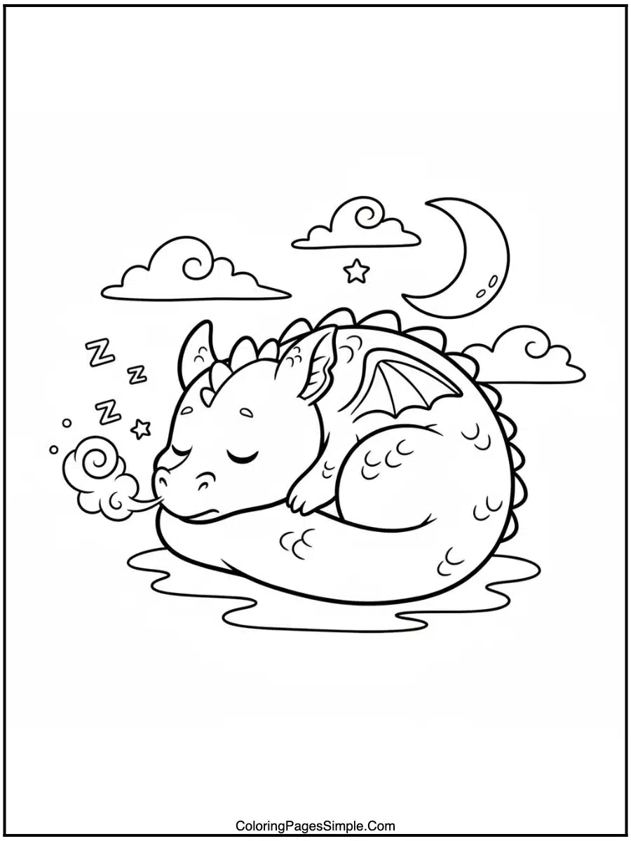 Cute sleepy dragon line art coloring page