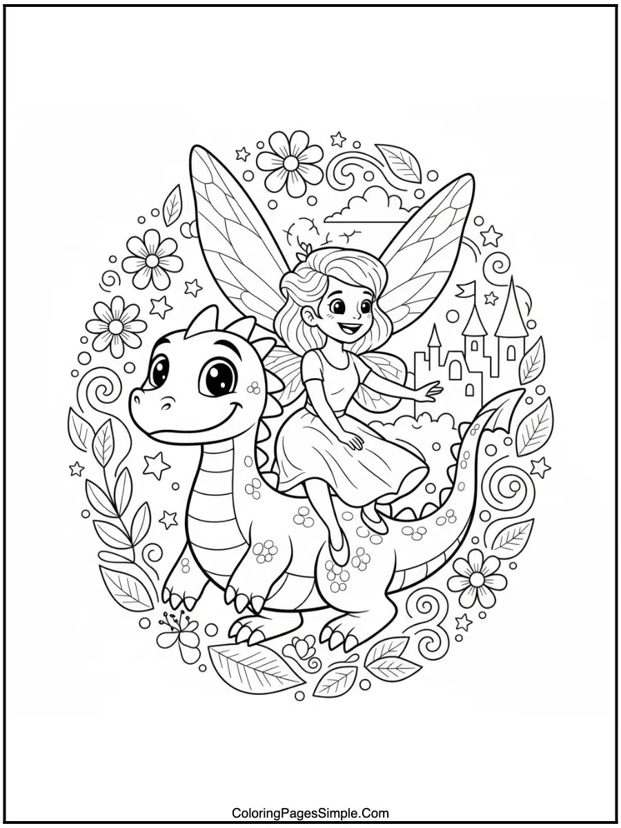 Fairy and dragon friendship line art coloring page