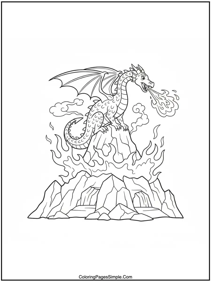 Fire-breathing dragon mountain line art coloring page