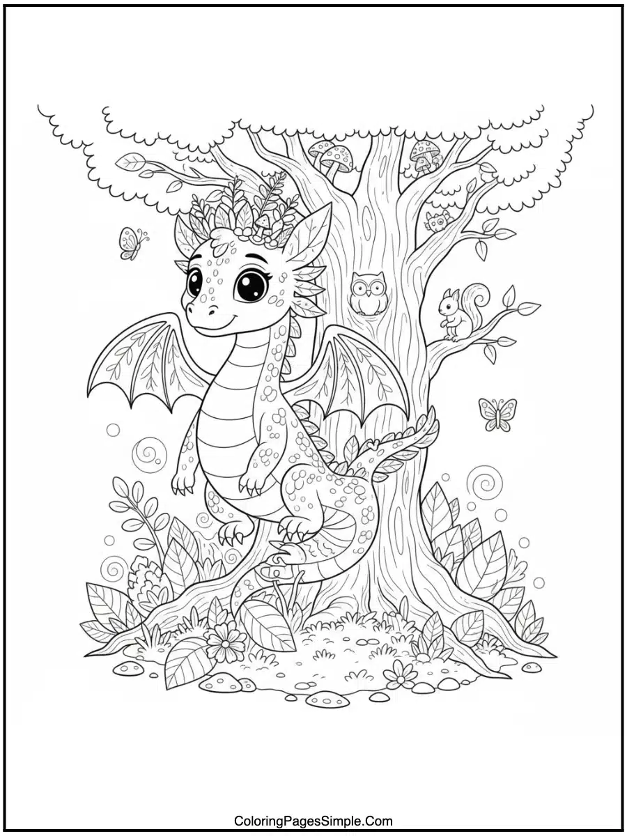 Forest dragon line art coloring page