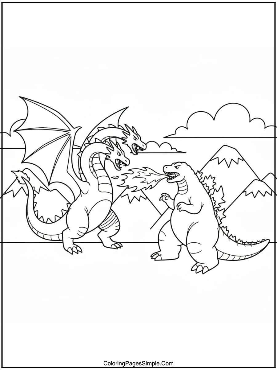 Godzilla Coloring Pages battling King Ghidorah.