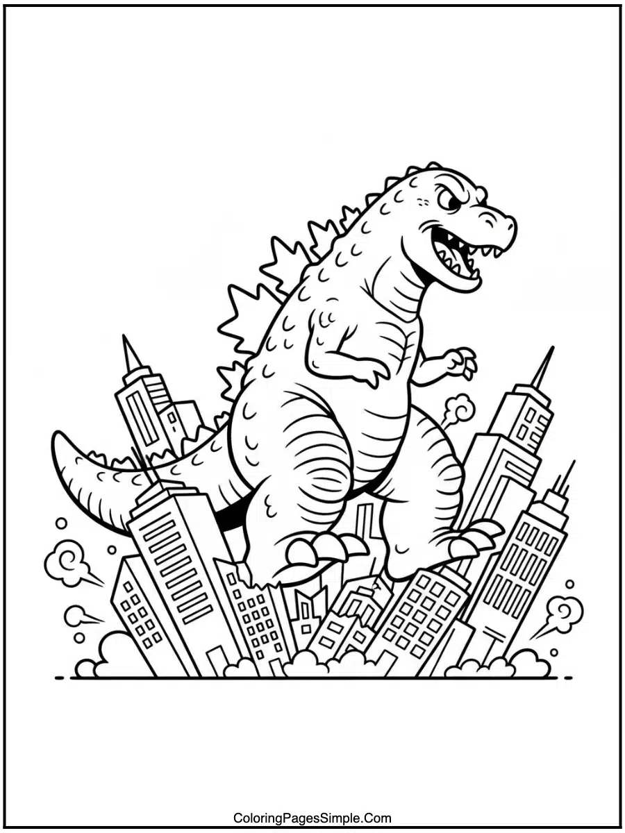 Godzilla Coloring Pages stomping through city.