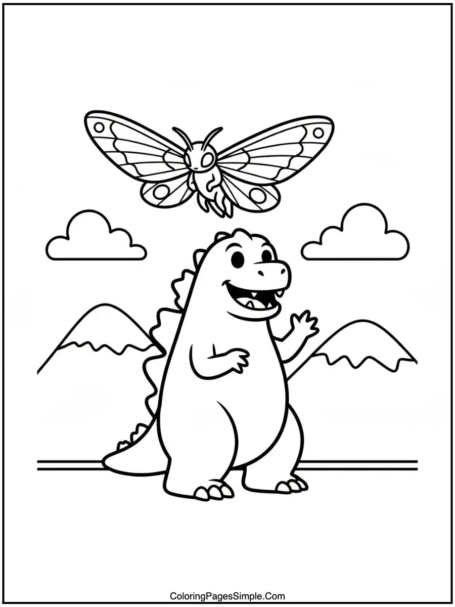 Godzilla Coloring Page with Mothra flying.