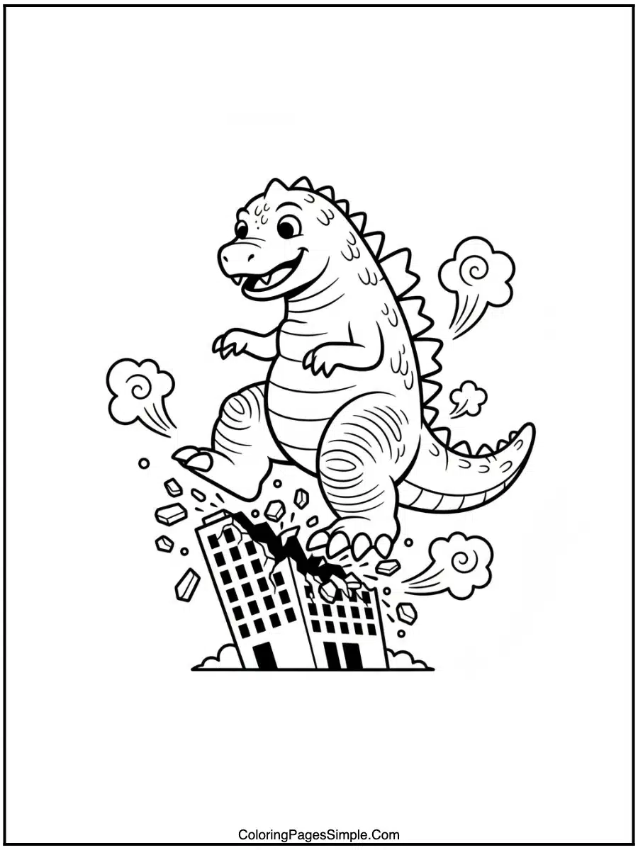 Godzilla Coloring Page destroying a skyscraper.