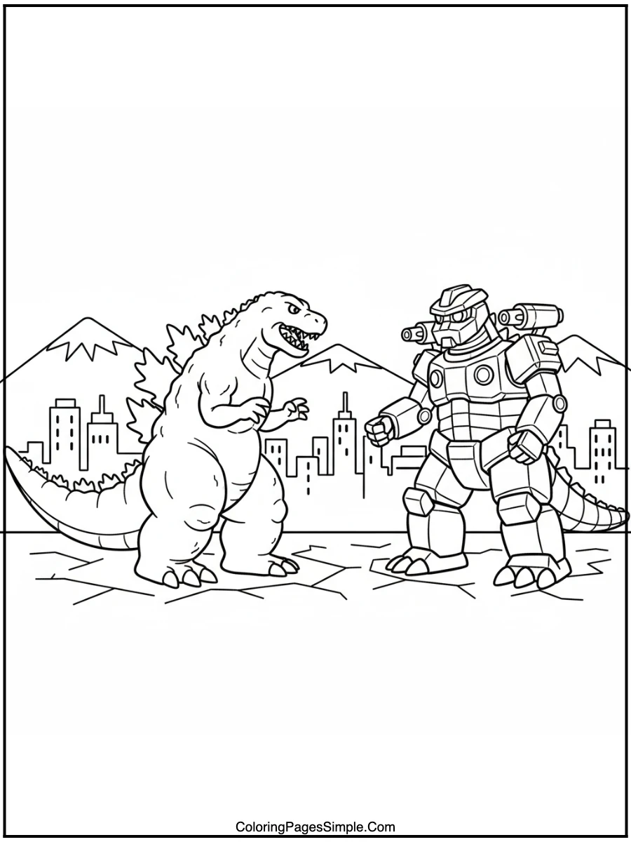 Godzilla Coloring Pages facing Mechagodzilla.