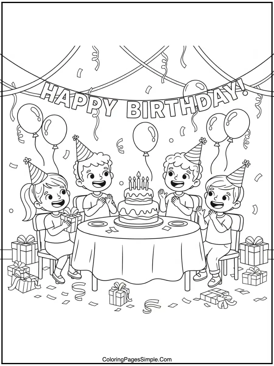 Happy Birthday Coloring Pages party scene.