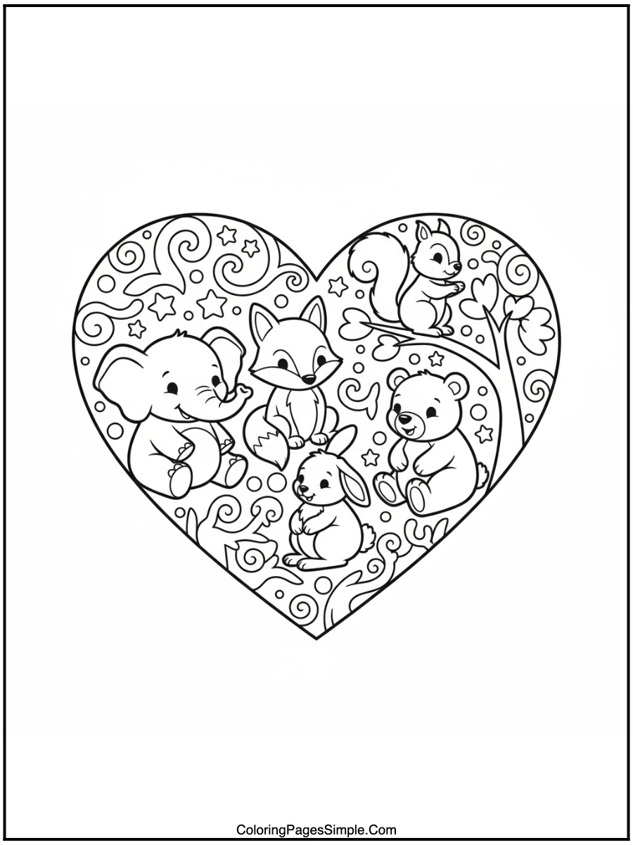 Heart Coloring Page featuring cute animals.