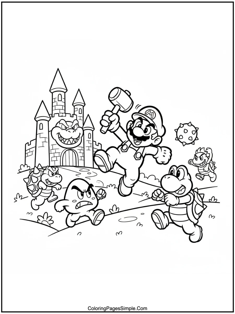 mario Coloring Pages fighting Bowser's minions