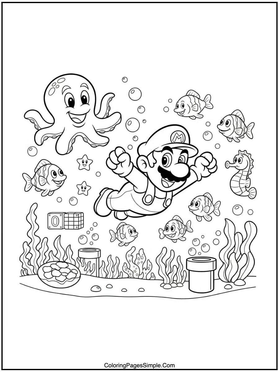 mario Coloring Pages underwater adventure