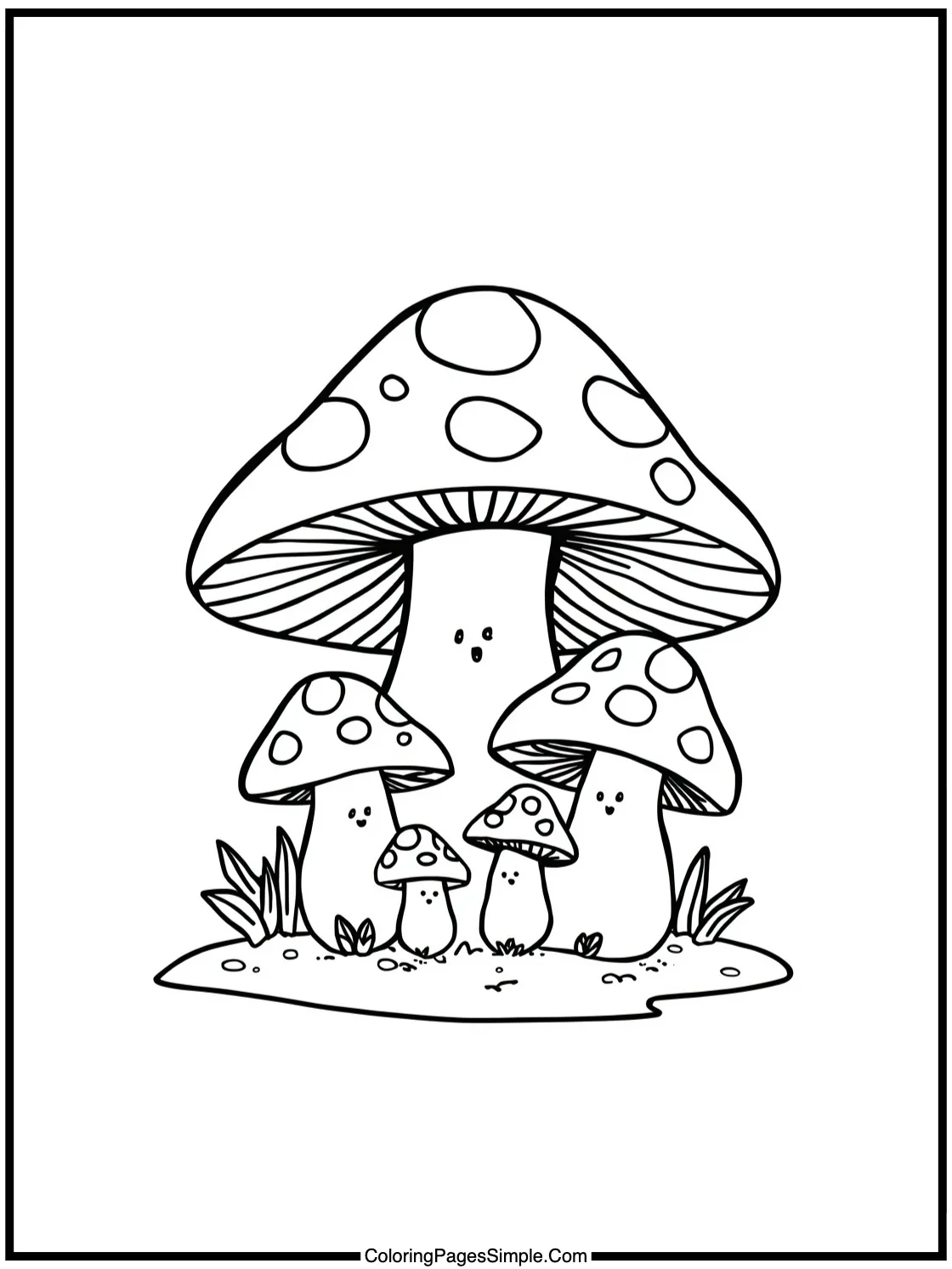 Adorable Mushroom Family Under Leaf Shelter.