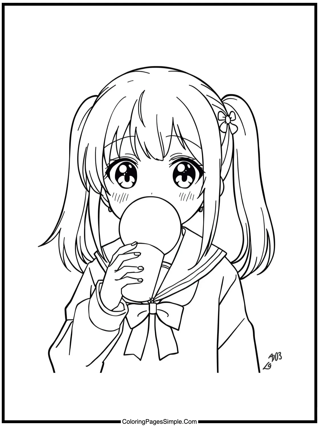 Anime School Girl Drinking Bubble Tea.