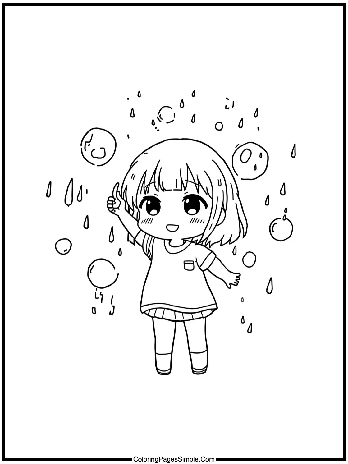 Anime girl playing with rain bubbles.
