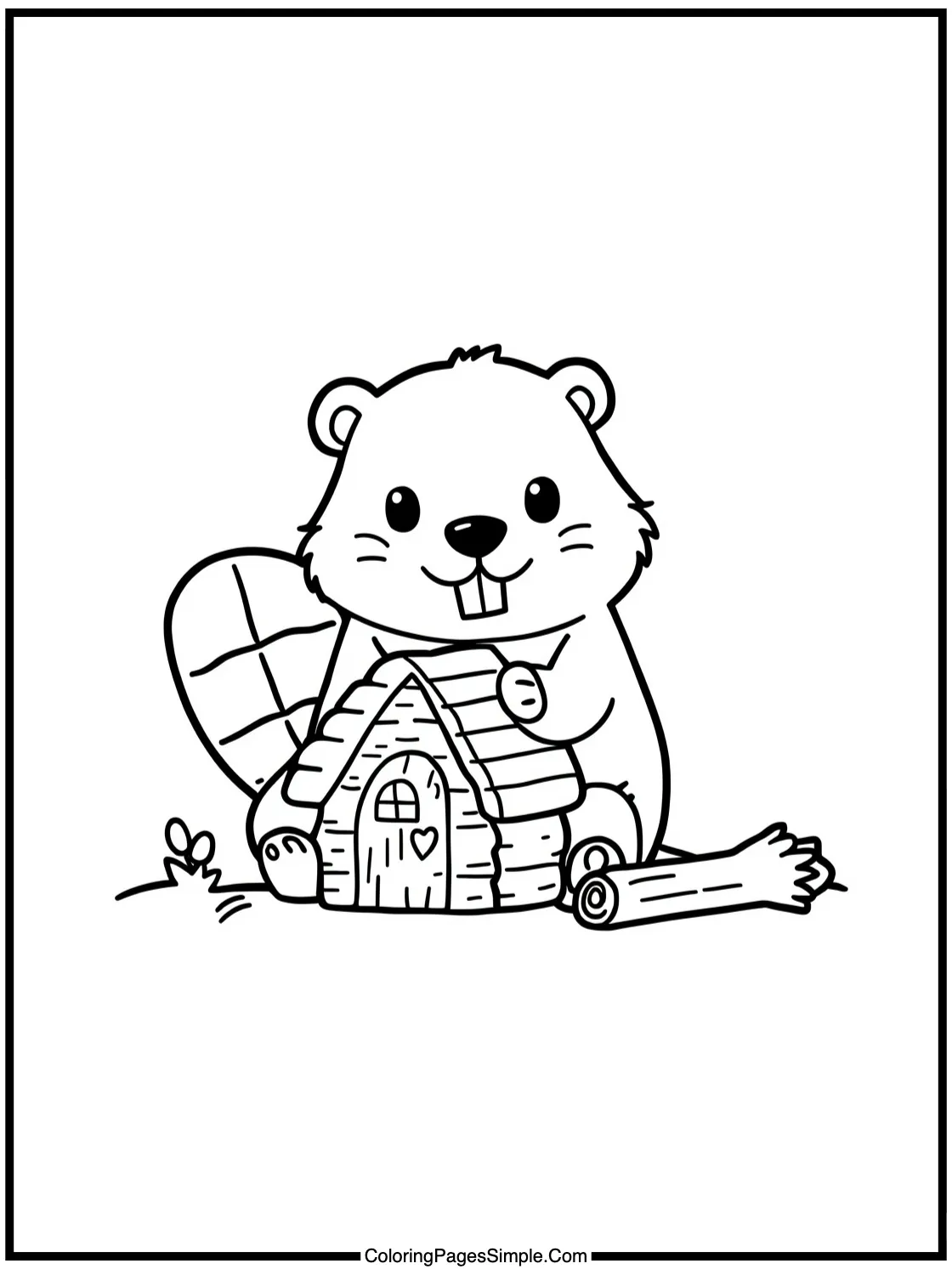 Chibi Beaver building a tiny wooden house.